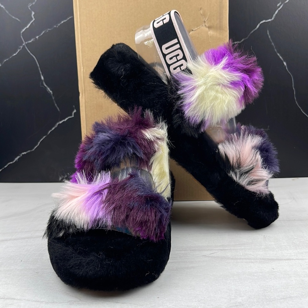 UGG Women's Black and Multicolor Fuzzy Sandals